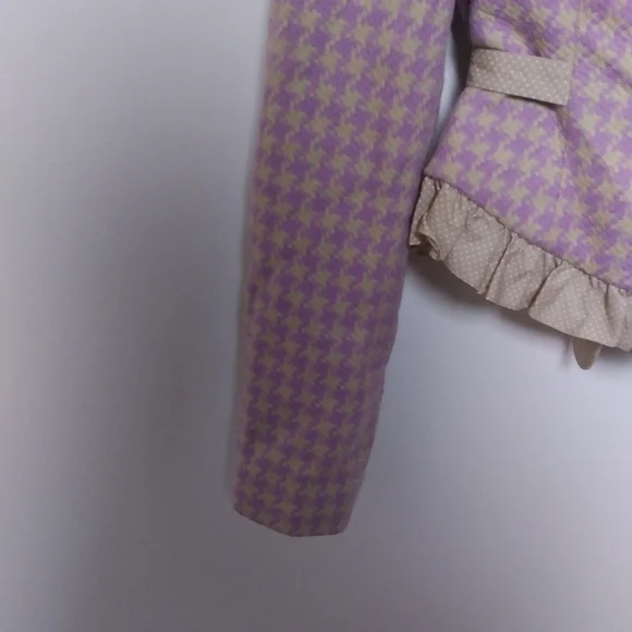 Phoebe x Kay Unger Purple and Tan Houndstooth Ruffle Trim Zip Up Blazer Size 2 - Picture 8 of 16